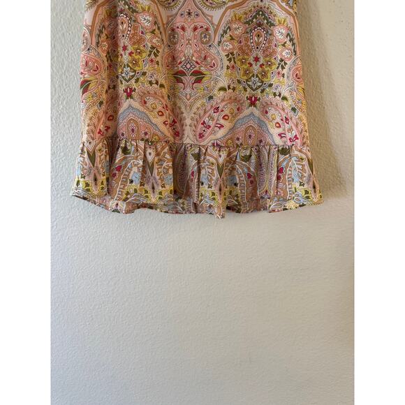 T Tahari Split Neck Ruffle Peplum Top XS Pink Cream Paisley Shirred Sleeveless - Picture 8 of 9